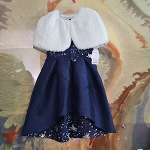 NWTS Navy Christmas Holiday Party Dress White Fur Cape Unicorn Pegasus Sz 5 NEW
